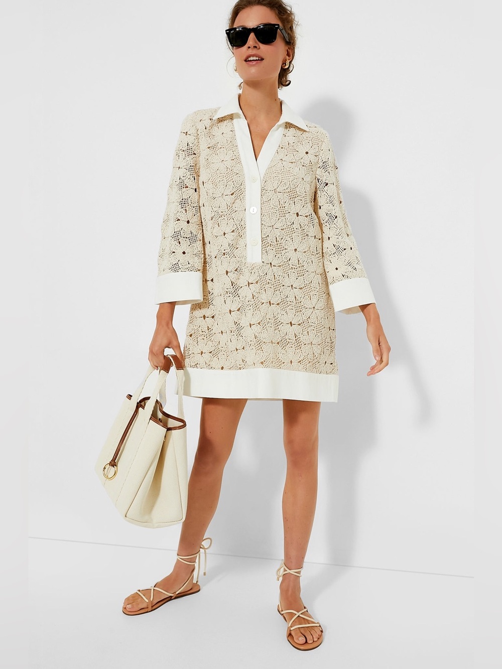 NWT Tuckernuck Tan Crochet Collier White Shift Mini Dress Size Small